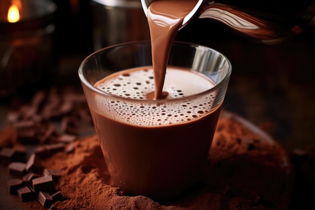 Primer plano de chocolate caliente en polvo que se vierte en la leche
