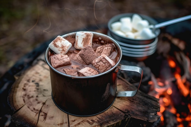 Primer plano de chocolate caliente en una taza de campamento sobre una fogata creada con IA generativa