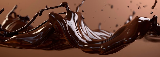 primer plano de chocolate líquido salpicado en el aire sobre un fondo marrón
