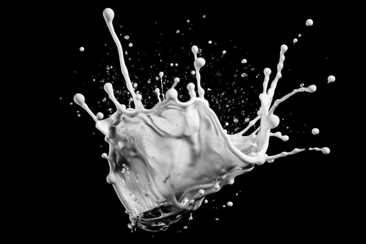 Un primer plano de un chorrito de leche sobre un fondo negro generativo ai