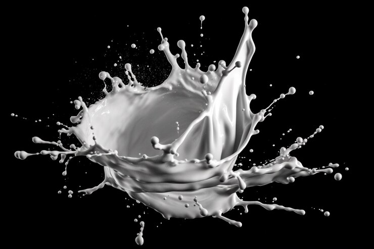 Un primer plano de un chorrito de leche sobre un fondo negro generativo ai