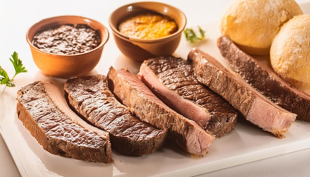 Foto primer plano de churrasco barbacoa brasileña sobre mesa blanca comida de carne sabrosa comida deliciosa