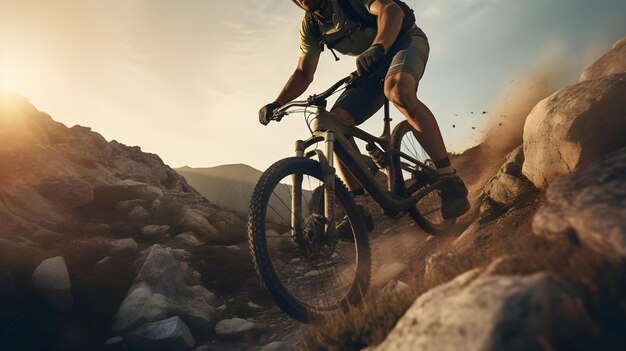 Un primer plano de un ciclista de montaña navegando por un terreno rocoso