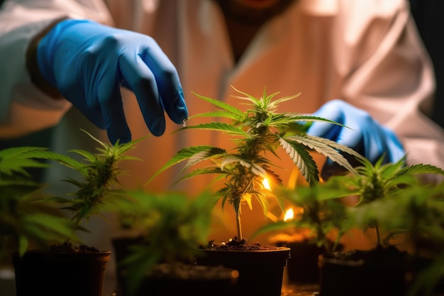 Primer plano de científico sosteniendo una planta de marihuana en el laboratorio