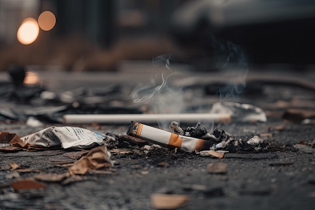 Primer plano de un cigarrillo desechado rodeado de basura y basura en el suelo