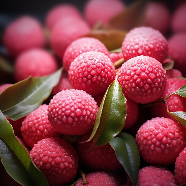 Un primer plano cinematográfico de la fruta del lichi en colores naturales