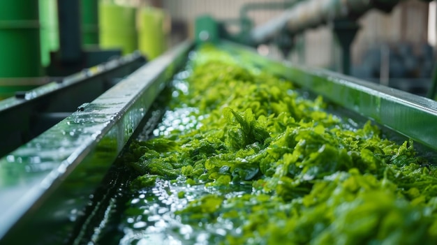 Foto primer plano de una cinta transportadora que transporta algas cosechadas, una fuente prometedora de biocombustible debido a su rapidez
