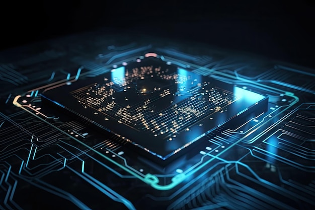 Primer plano del circuito electrónico y el holograma de la placa de circuito de representación 3D del microchip con dígitos binarios y tecnología generada por IA