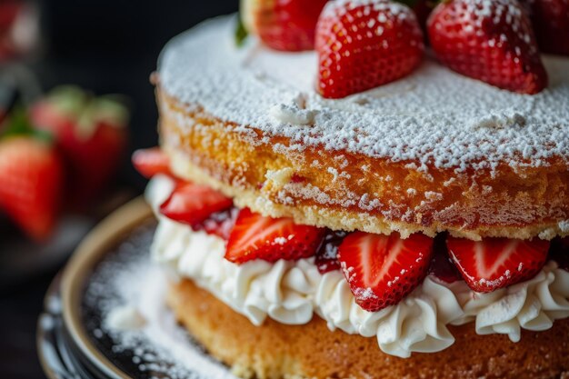 Un primer plano del clásico pastel de esponja Victoria con crema y relleno de fresa