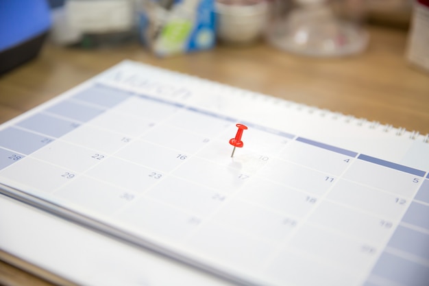 Primer plano de una clavija roja en el calendario de escritorio en blanco.