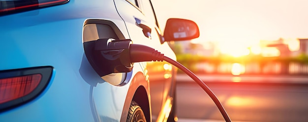 Primer plano de un coche eléctrico blanco cargando en la estación EV al amanecer al aire libre