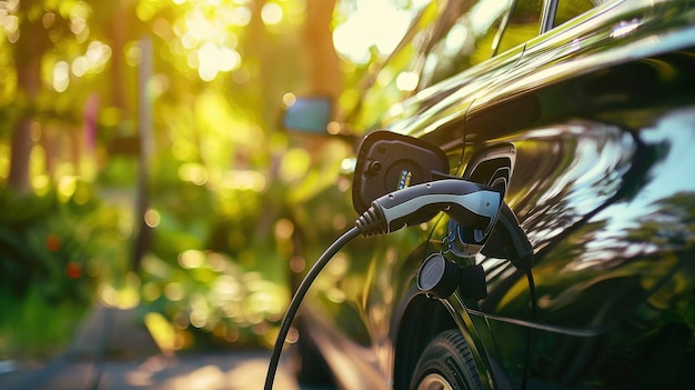 primer plano de un coche eléctrico cargando en la carretera con el sol y los árboles verdes