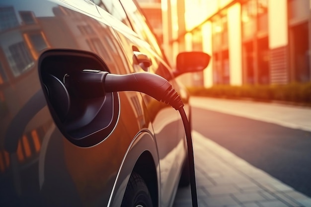 Primer plano de un coche eléctrico conectado a un cargador