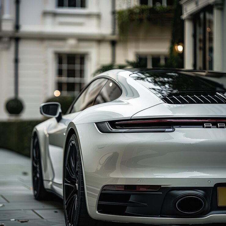 Primer plano de un coche Porsche blanco una toma detallada de la parte trasera y lateral de un elegante Porsche con negro
