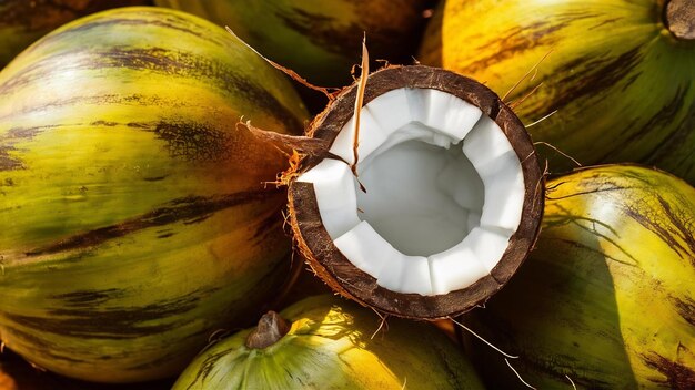 Un primer plano de un coco fresco y maduro