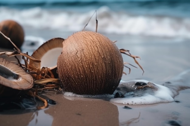 Un primer plano de un coco en una playa IA generativa