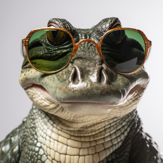 Primer plano de un cocodrilo con gafas de sol sobre fondo blanco