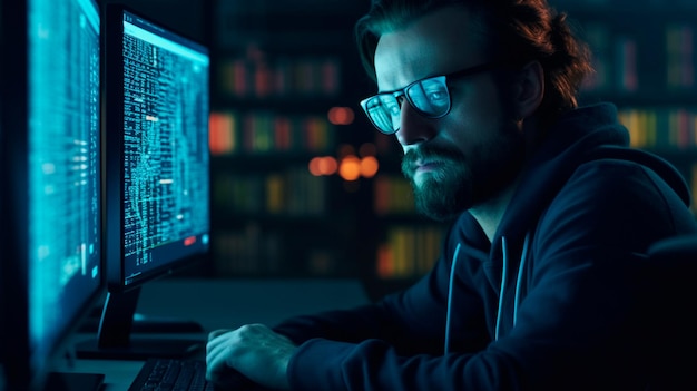 Primer plano de codificador en gafas con reflejo de monitor con código trabajando en computadora desarrollando software probando sistema de seguridad enfocado en pantalla con lenguaje de programación Ilustrador de IA generativo