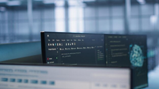 Un primer plano del código de las computadoras en una instalación de IA de alta tecnología