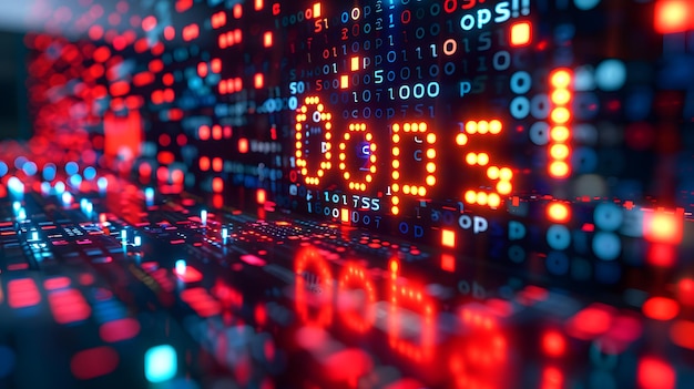 Un primer plano del código de error digital mostrado en una pantalla futurista que destaca un error cibernético