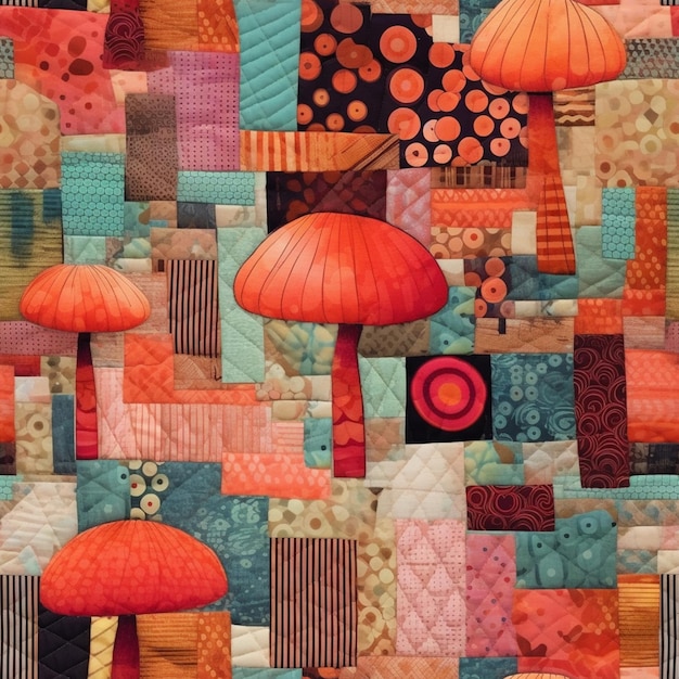 Un primer plano de una colcha con un diseño de patchwork de paraguas rojas generativo ai