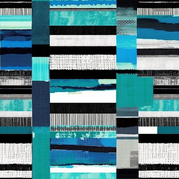 Un primer plano de una colcha de patchwork con un diseño generativo azul y negro ai