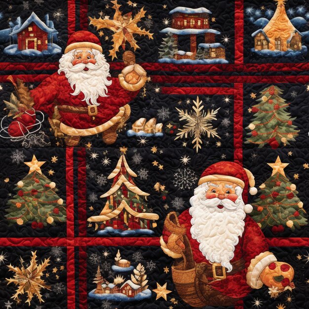 un primer plano de una colcha con santa claus y árboles de navidad ai generativo