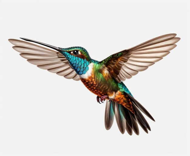 Primer plano de un colibrí sobre fondo blanco IA generativa