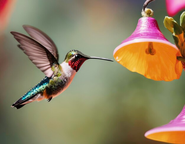 Primer plano de un colibrí volando cerca de una flor rosa y amarilla