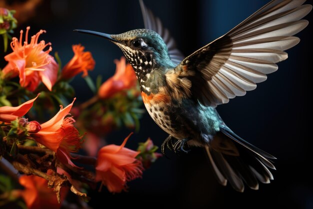 un primer plano de un colibri volando sobre una flor