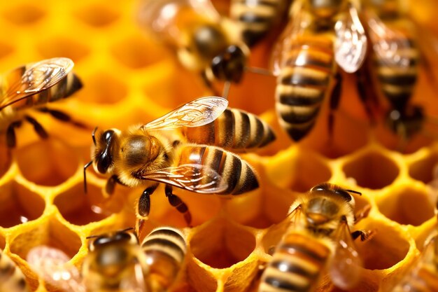 un primer plano de una colmena de abejas que muestra la IA organizada generada