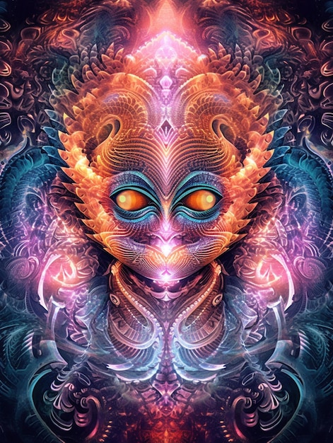 Un primer plano de una colorida cara alienígena con un ojo brillante ai generativo