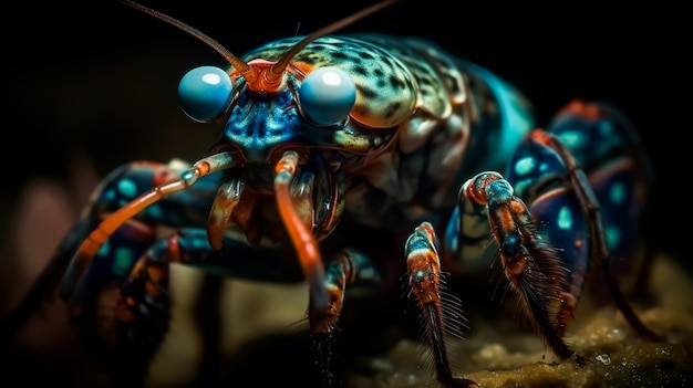 Un primer plano de una colorida criatura submarina de camarones mantis pavo real