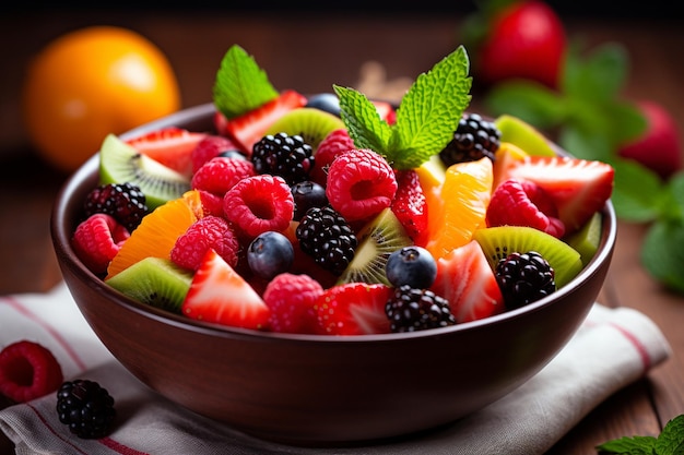 Un primer plano de una colorida ensalada de frutas dispuesta en un cuenco