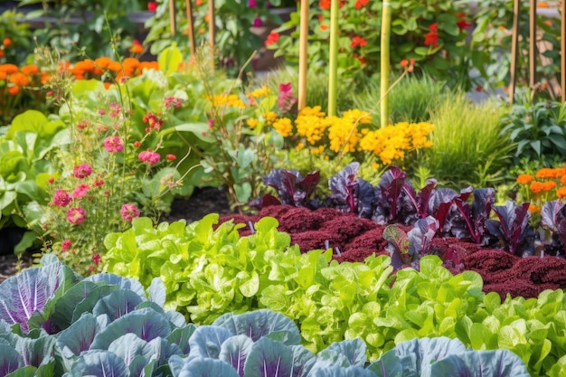 Primer plano de una colorida huerta con hierbas y flores en el fondo