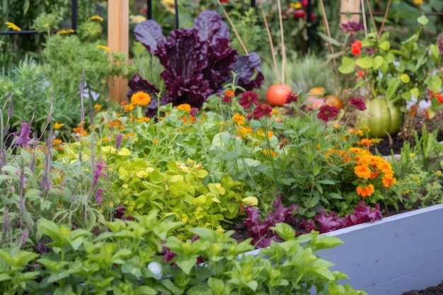 Primer plano de una colorida huerta con hierbas y flores en el fondo