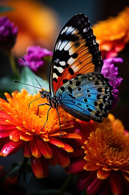 Un primer plano de una colorida mariposa comiendo en una flor.