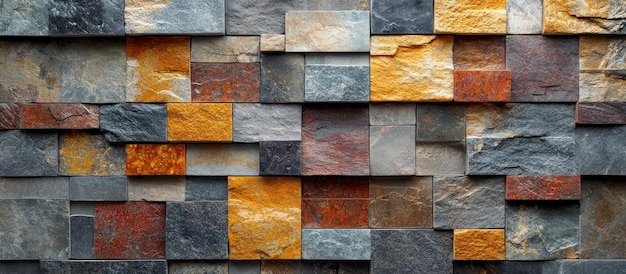 Primer plano de una colorida pared de piedra con varios tonos de gris, marrón, naranja y amarillo con una superficie texturizada