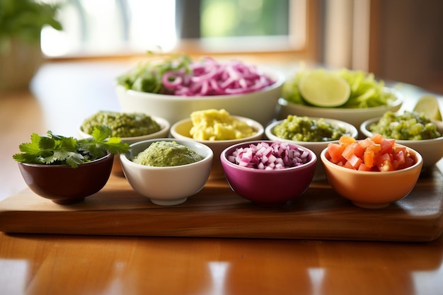 Un primer plano de una colorida variedad de coberturas de Pozole en un plato