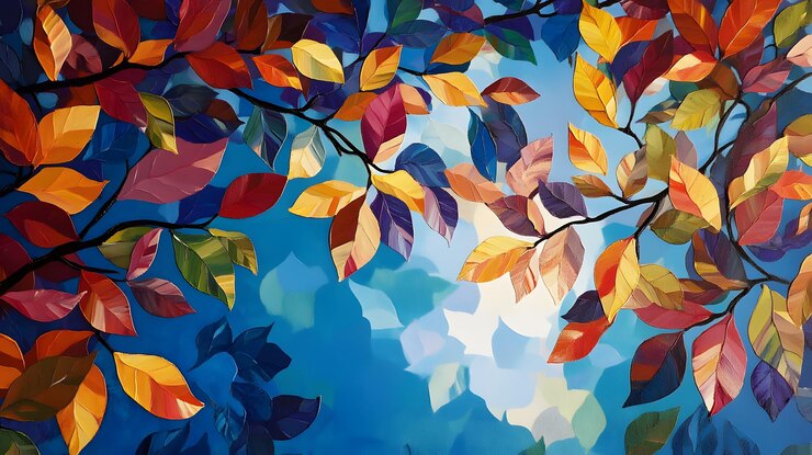 Un primer plano de las coloridas hojas de otoño contra un cielo azul