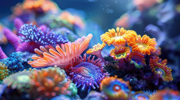 Un primer plano de un colorido arrecife de coral con una variedad de vida marina
