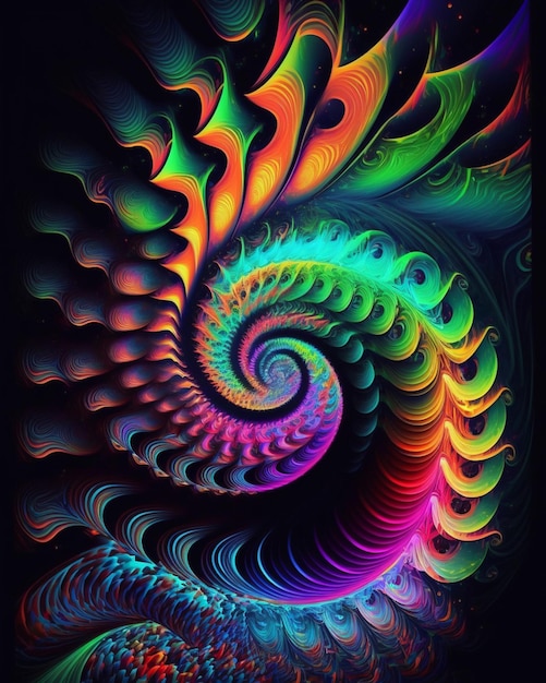 un primer plano de un colorido diseño en espiral sobre un fondo negro ai generativo