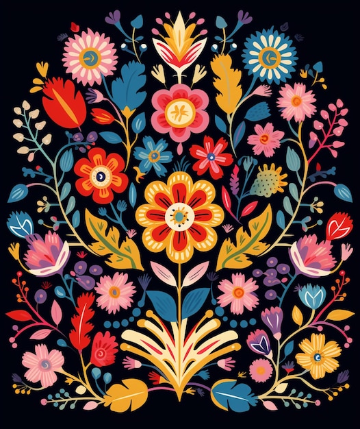 Un primer plano de un colorido diseño floral en un fondo negro