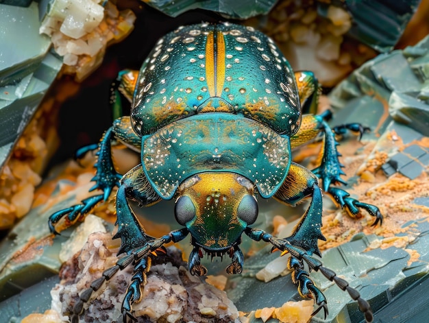 Un primer plano de un colorido escarabajo joya en un fondo de textura natural Fotografía macro de insectos con