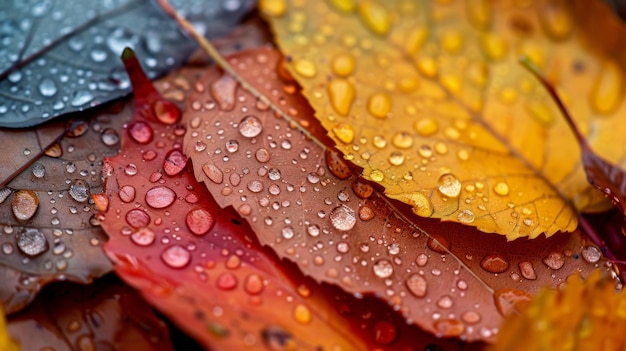 Foto un primer plano del colorido follaje de otoño con gotas de una lluvia reciente