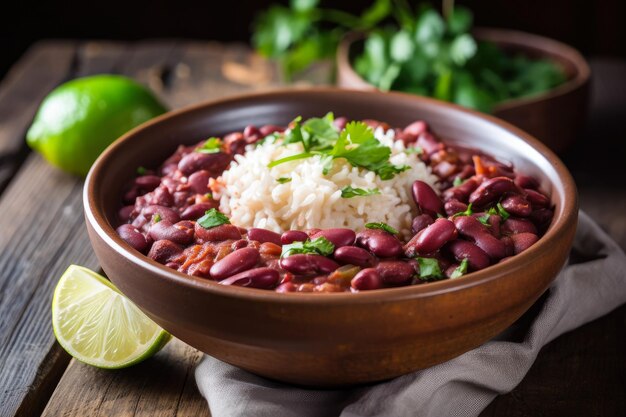 Primer plano colorido de frijoles rojos y arroz cubierto con cilantro fresco y una rodaja de limón en un rústico