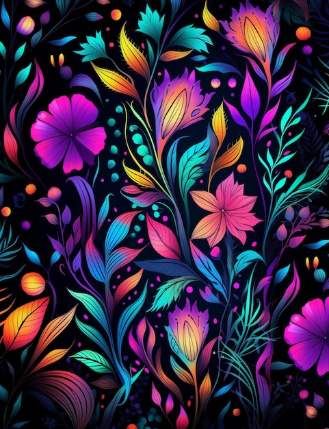 Un primer plano de un colorido patrón floral en un fondo negro