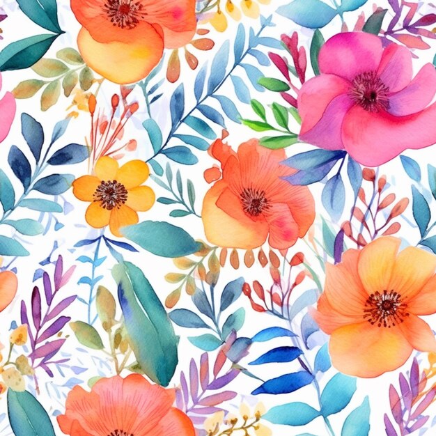 Un primer plano de un colorido patrón floral con hojas y flores generativas ai