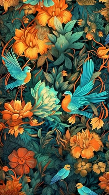 Un primer plano de un colorido patrón floral con pájaros y flores generativas ai