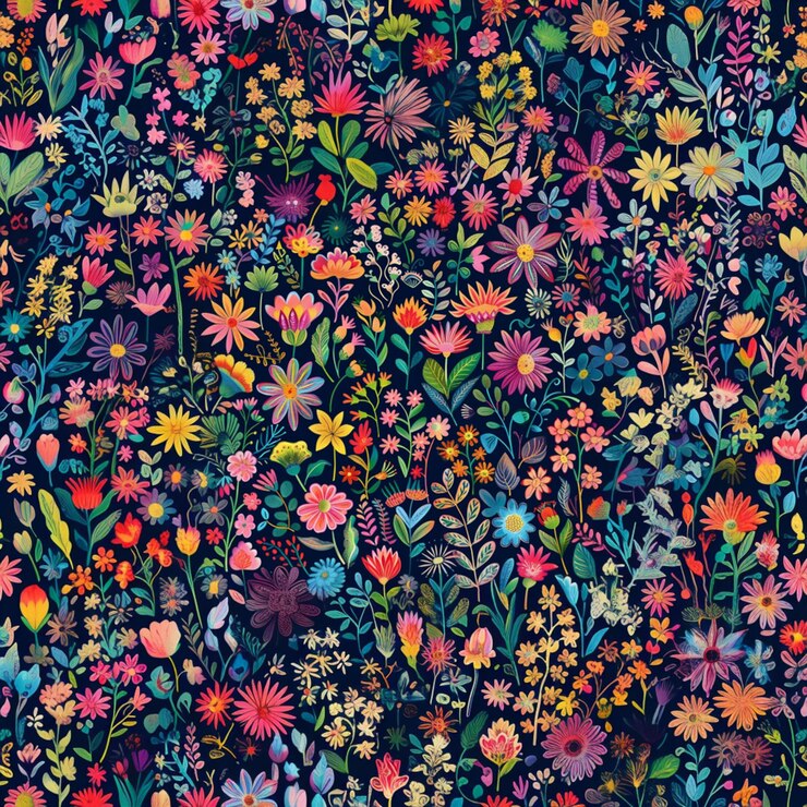 un primer plano de un colorido patrón floral sobre un fondo negro ai generativo